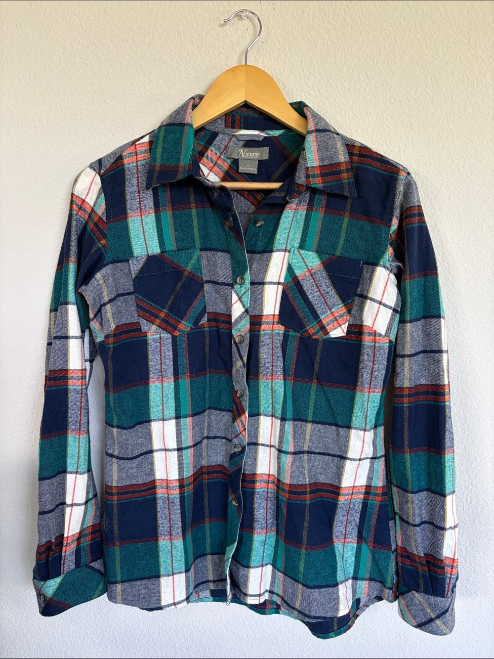 Natural Reflections Teal Navy Plaid Long-Sleeve 100% cotton Flannel